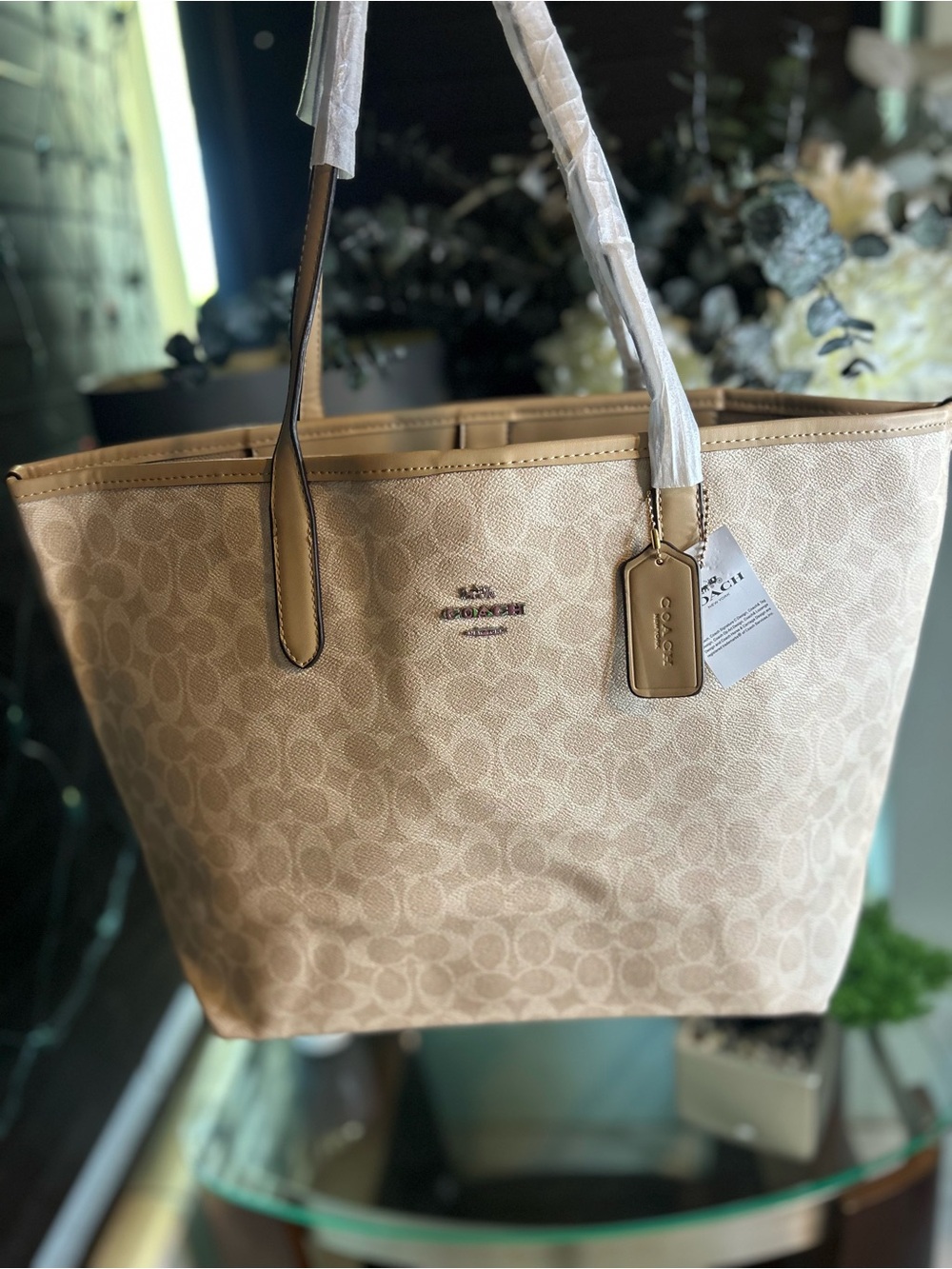Coach Tan Signature Canvas Tote with Leather Trim